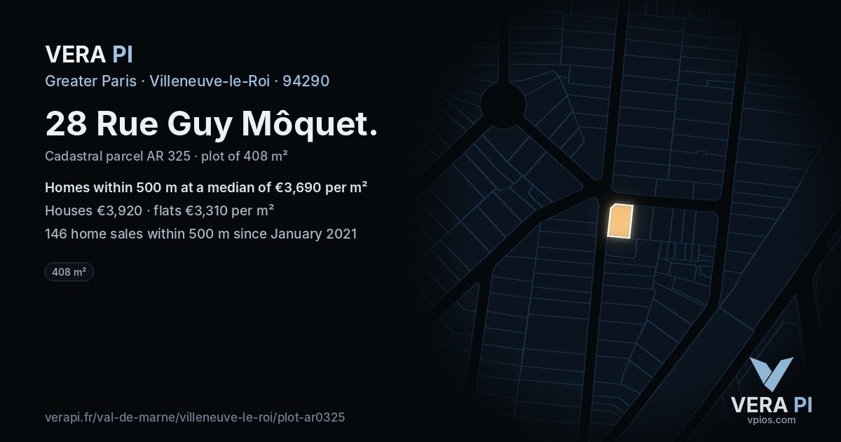 28 Rue Guy Môquet, Villeneuve-le-Roi at night – the plot lit, the parcels around coloured by the prices near them
