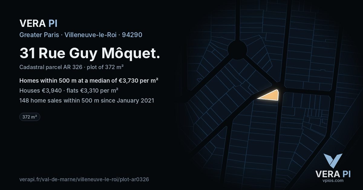 31 Rue Guy Môquet, Villeneuve-le-Roi at night – the plot lit, the parcels around coloured by the prices near them