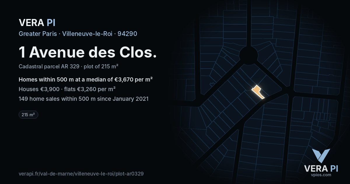 1 Avenue des Clos, Villeneuve-le-Roi at night – the plot lit, the parcels around coloured by the prices near them