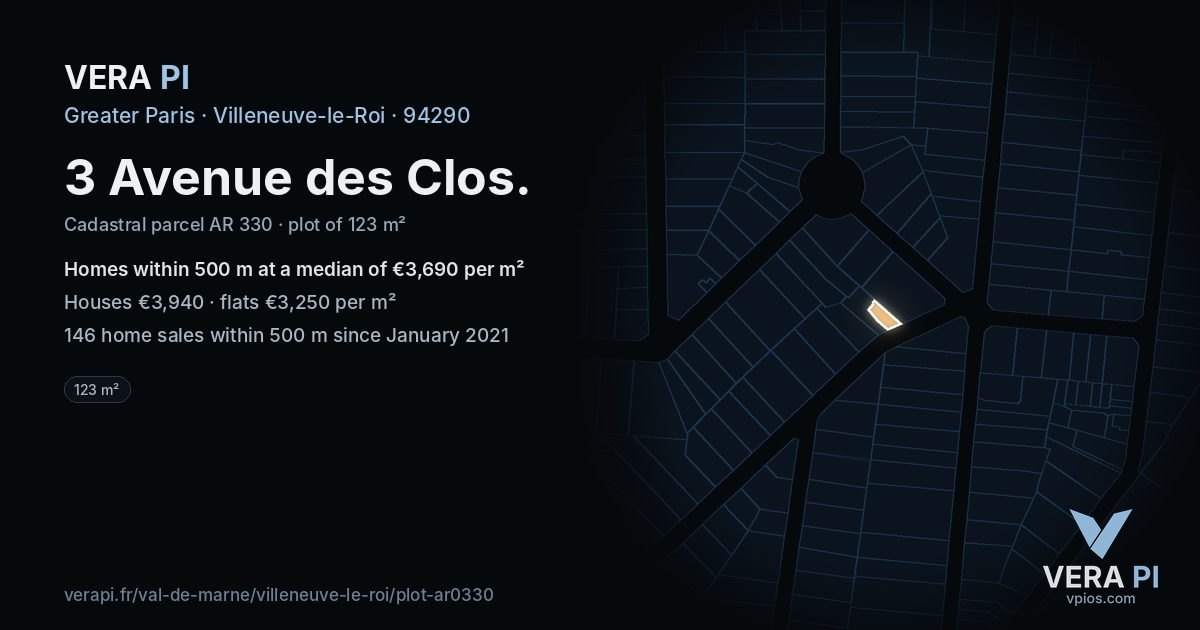 3 Avenue des Clos, Villeneuve-le-Roi at night – the plot lit, the parcels around coloured by the prices near them