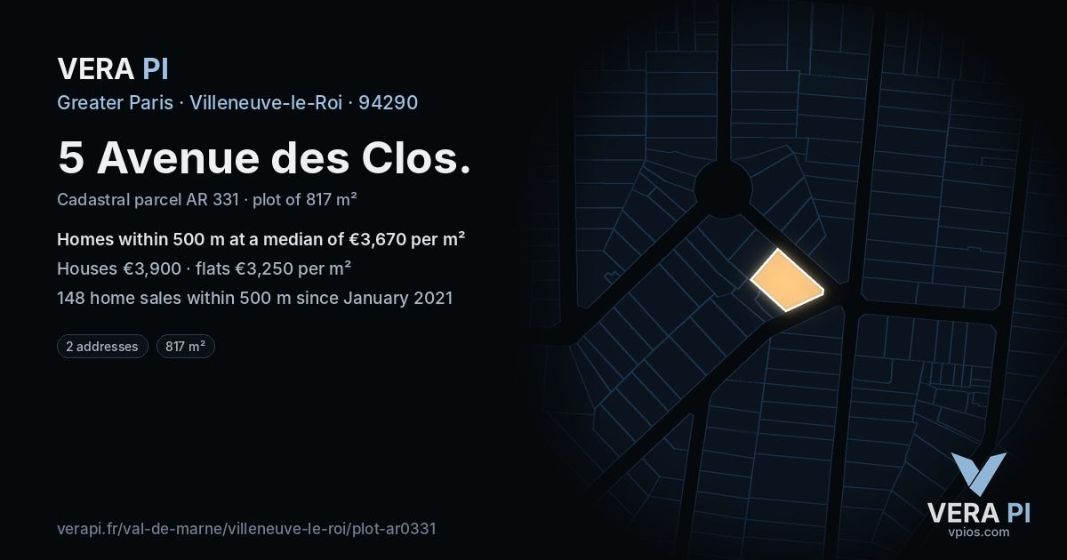 5 Avenue des Clos, Villeneuve-le-Roi at night – the plot lit, the parcels around coloured by the prices near them
