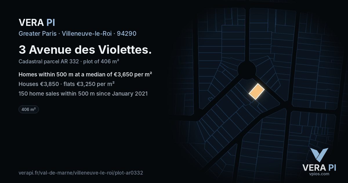 3 Avenue des Violettes, Villeneuve-le-Roi at night – the plot lit, the parcels around coloured by the prices near them