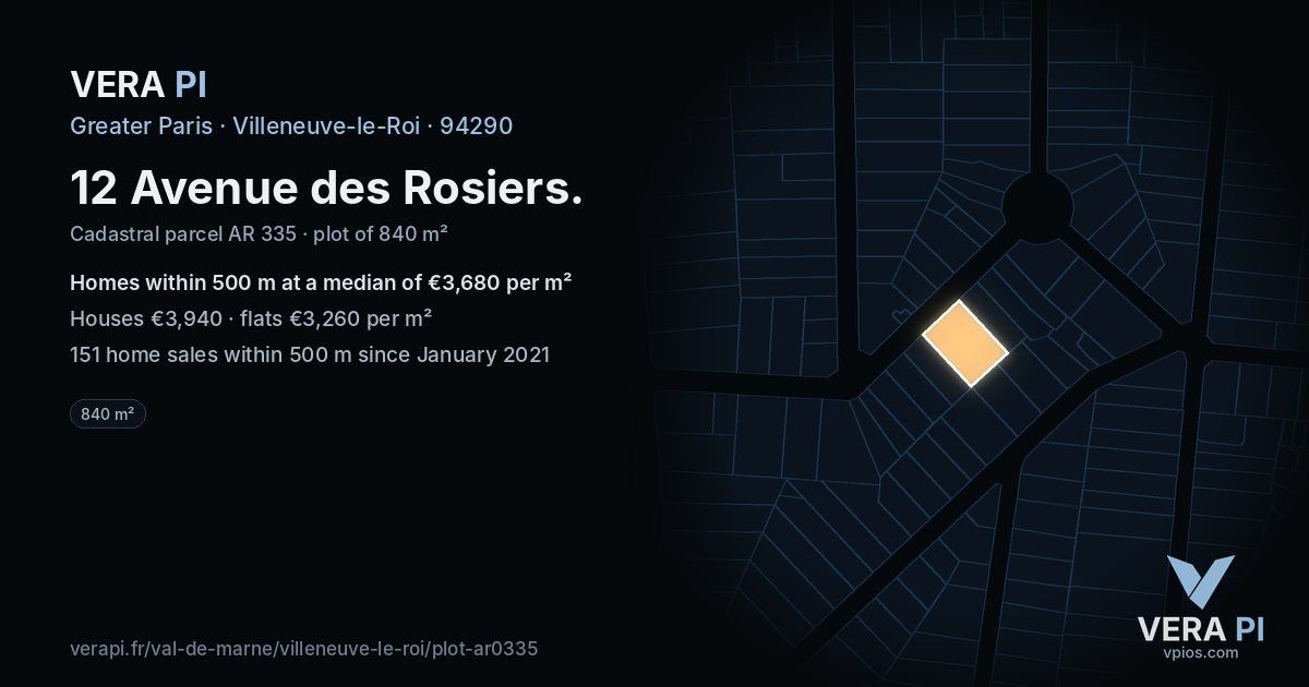 12 Avenue des Rosiers, Villeneuve-le-Roi at night – the plot lit, the parcels around coloured by the prices near them