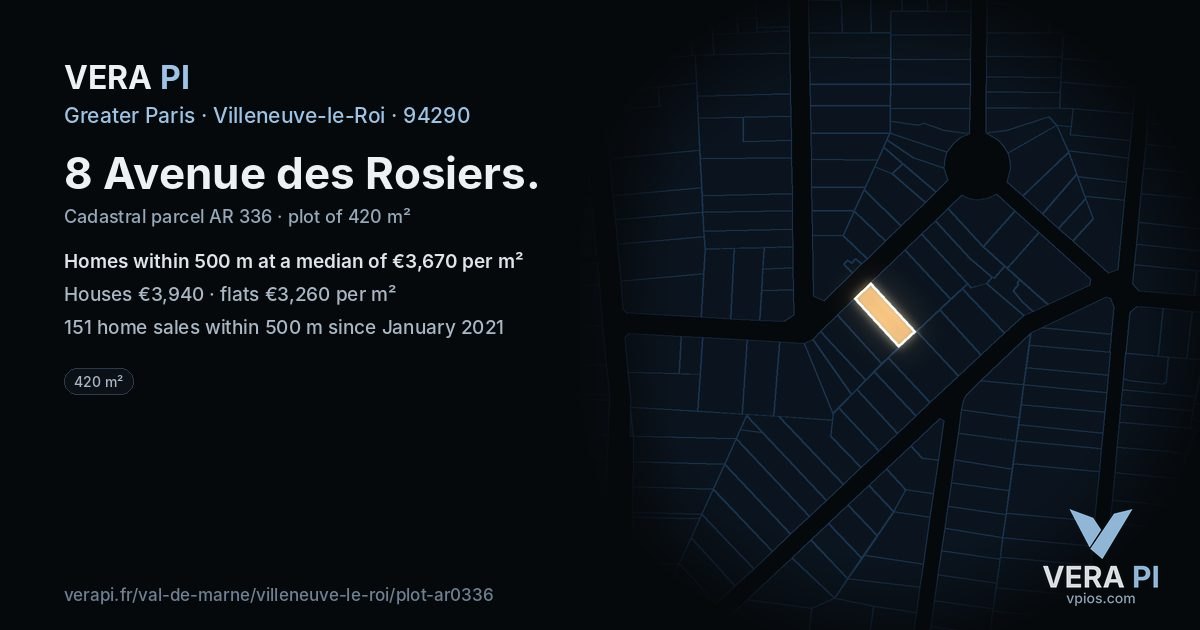 8 Avenue des Rosiers, Villeneuve-le-Roi at night – the plot lit, the parcels around coloured by the prices near them