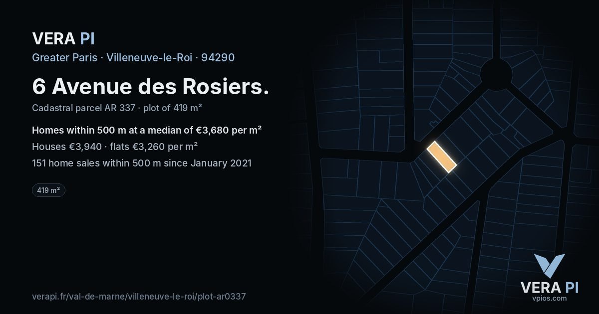 6 Avenue des Rosiers, Villeneuve-le-Roi at night – the plot lit, the parcels around coloured by the prices near them
