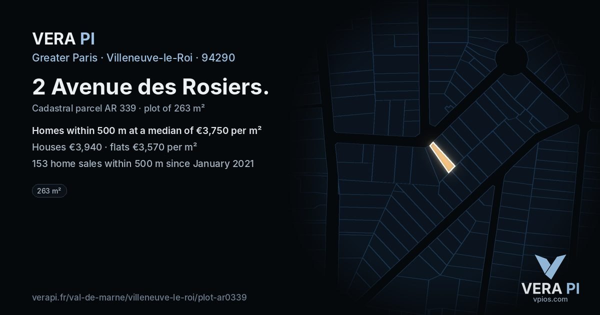 2 Avenue des Rosiers, Villeneuve-le-Roi at night – the plot lit, the parcels around coloured by the prices near them
