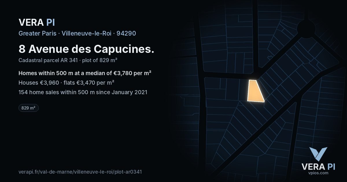 8 Avenue des Capucines, Villeneuve-le-Roi at night – the plot lit, the parcels around coloured by the prices near them