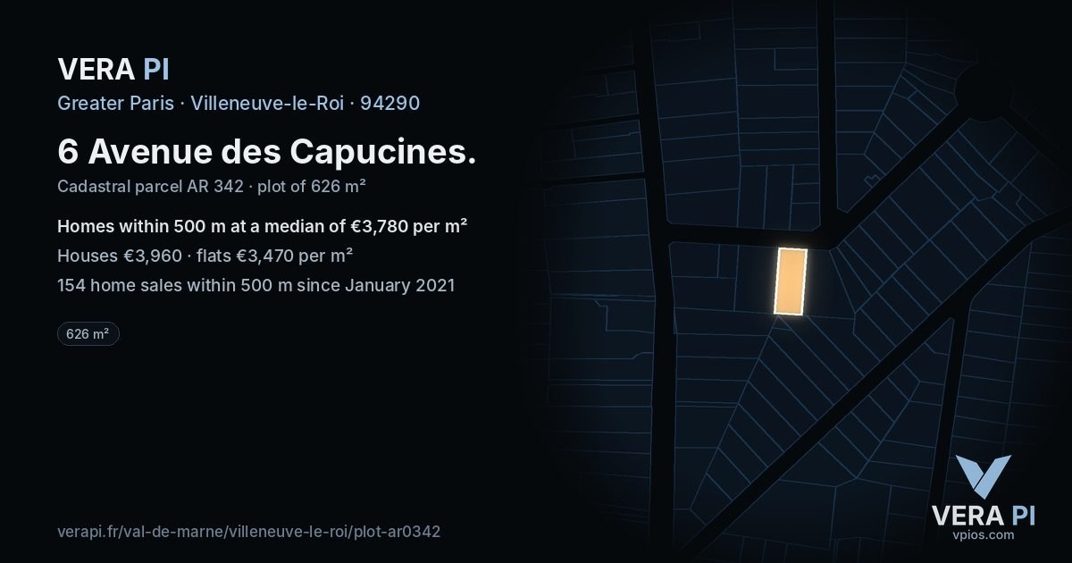 6 Avenue des Capucines, Villeneuve-le-Roi at night – the plot lit, the parcels around coloured by the prices near them