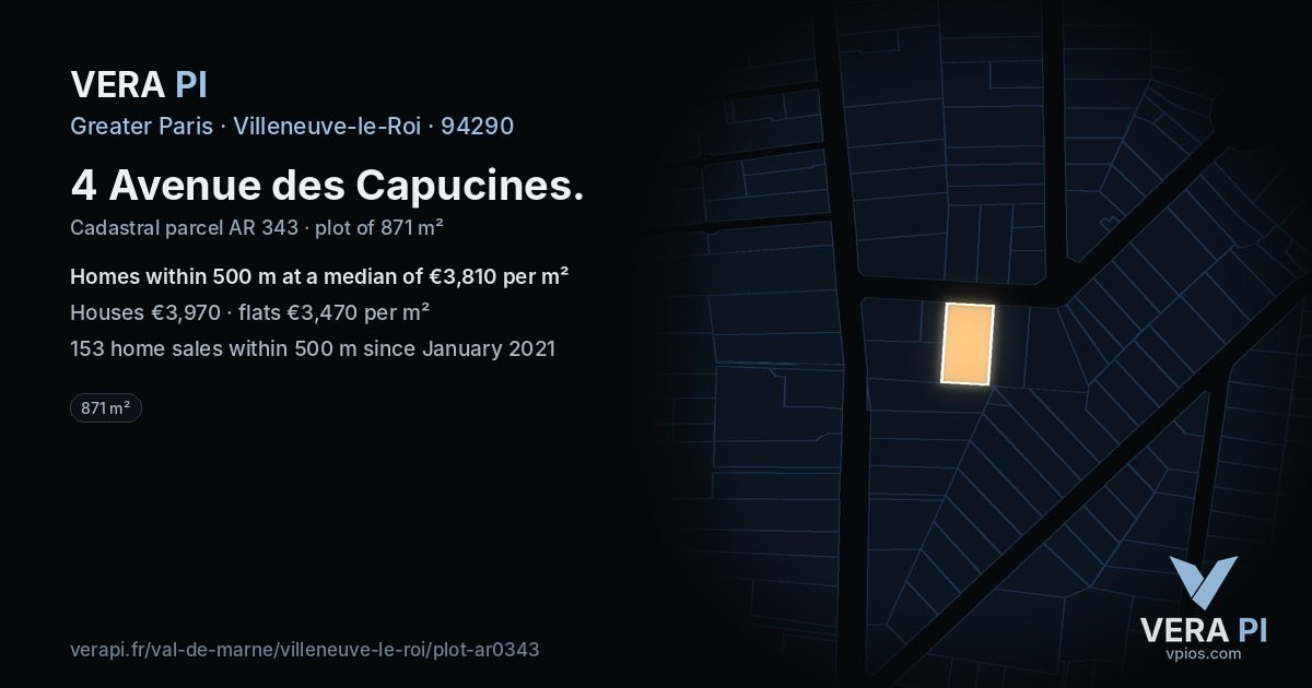 4 Avenue des Capucines, Villeneuve-le-Roi at night – the plot lit, the parcels around coloured by the prices near them