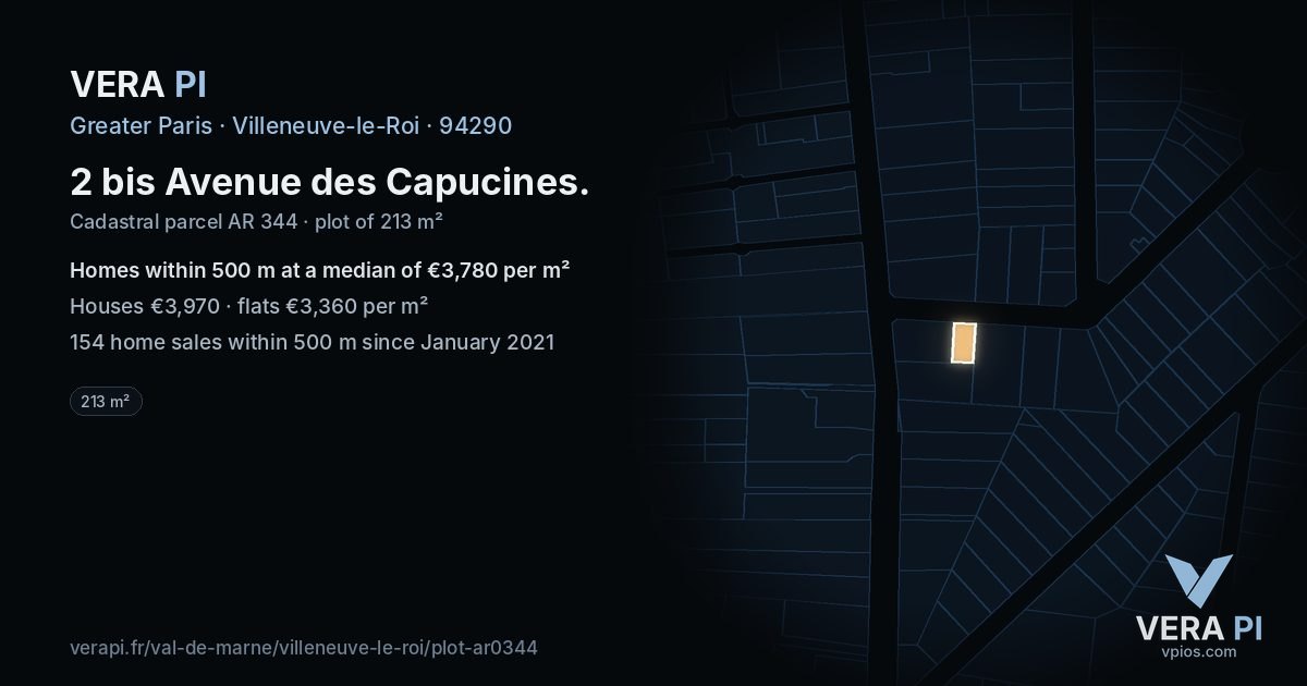 2 bis Avenue des Capucines, Villeneuve-le-Roi at night – the plot lit, the parcels around coloured by the prices near them