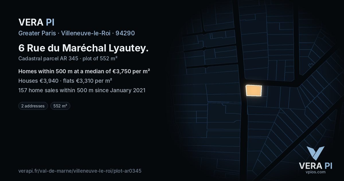 6 Rue du Maréchal Lyautey, Villeneuve-le-Roi at night – the plot lit, the parcels around coloured by the prices near them