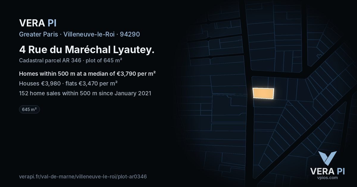 4 Rue du Maréchal Lyautey, Villeneuve-le-Roi at night – the plot lit, the parcels around coloured by the prices near them