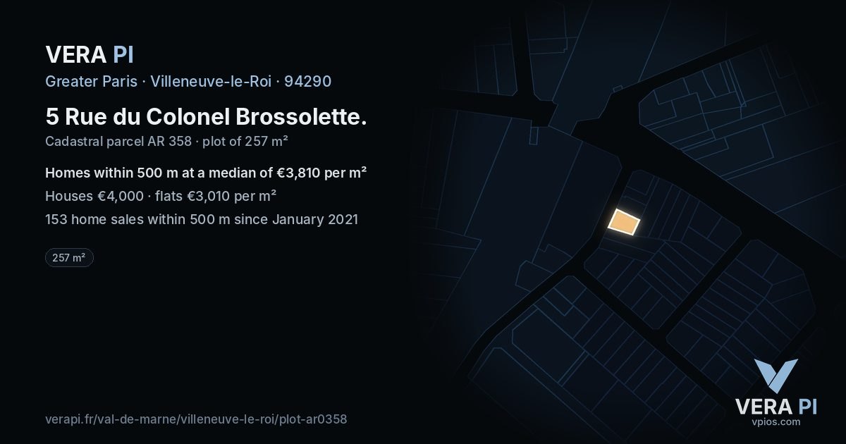 5 Rue du Colonel Brossolette, Villeneuve-le-Roi at night – the plot lit, the parcels around coloured by the prices near them