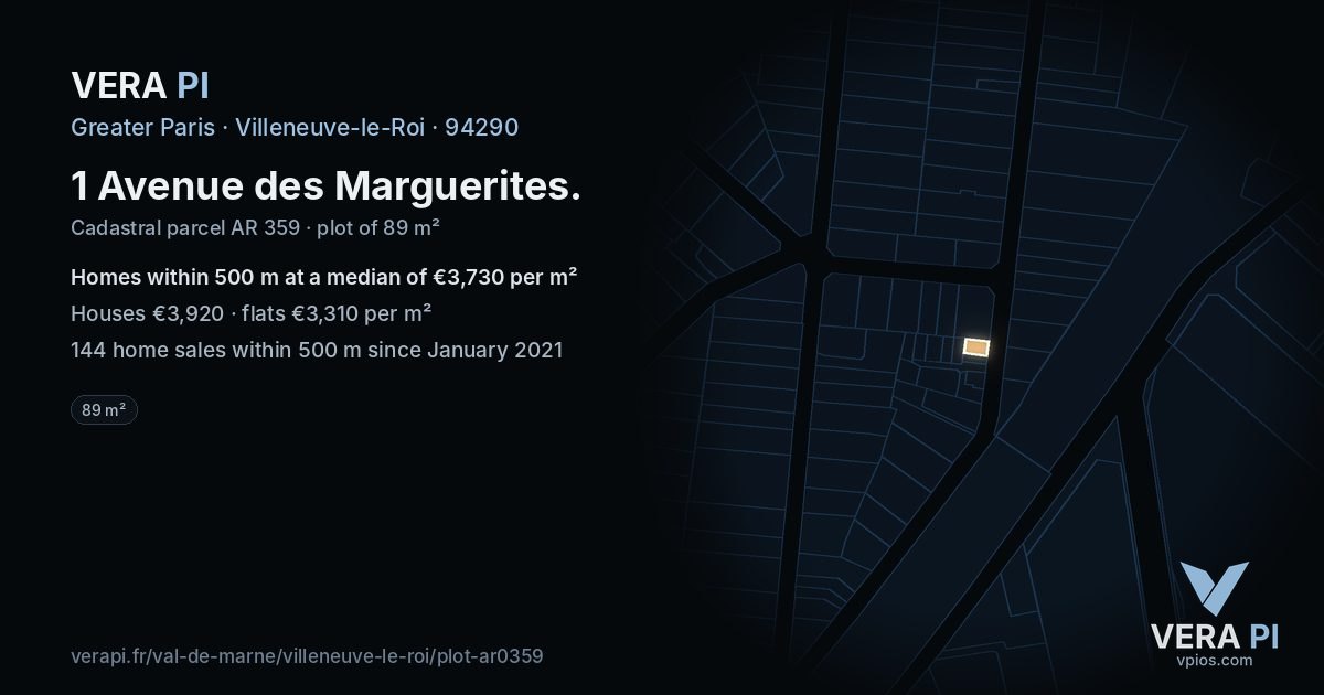 1 Avenue des Marguerites, Villeneuve-le-Roi at night – the plot lit, the parcels around coloured by the prices near them