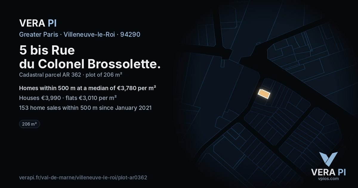 5 bis Rue du Colonel Brossolette, Villeneuve-le-Roi at night – the plot lit, the parcels around coloured by the prices near them