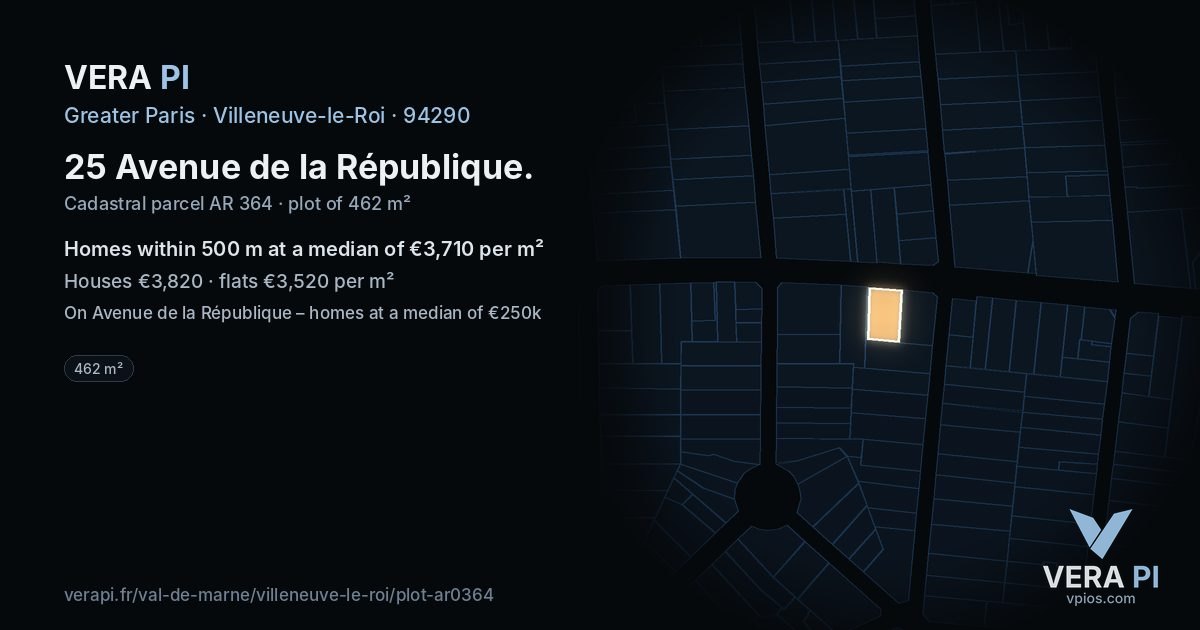 25 Avenue de la République, Villeneuve-le-Roi at night – the plot lit, the parcels around coloured by the prices near them