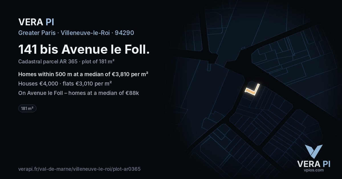 141 bis Avenue le Foll, Villeneuve-le-Roi at night – the plot lit, the parcels around coloured by the prices near them
