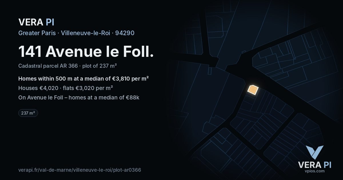 141 Avenue le Foll, Villeneuve-le-Roi at night – the plot lit, the parcels around coloured by the prices near them