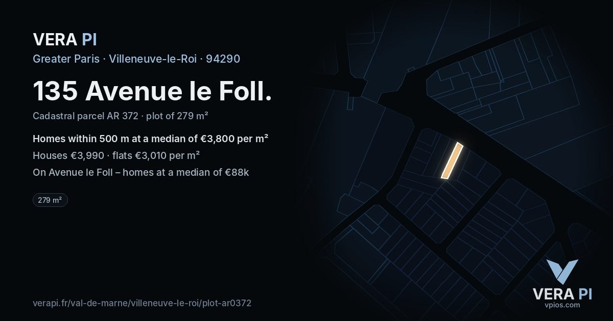 135 Avenue le Foll, Villeneuve-le-Roi at night – the plot lit, the parcels around coloured by the prices near them
