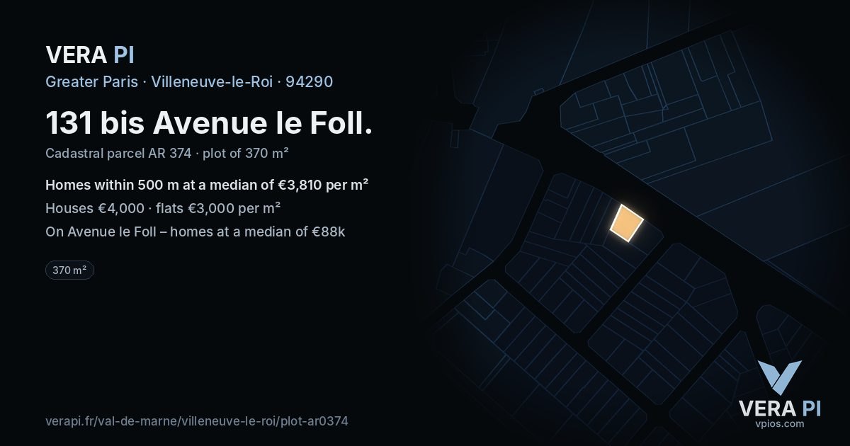 131 bis Avenue le Foll, Villeneuve-le-Roi at night – the plot lit, the parcels around coloured by the prices near them