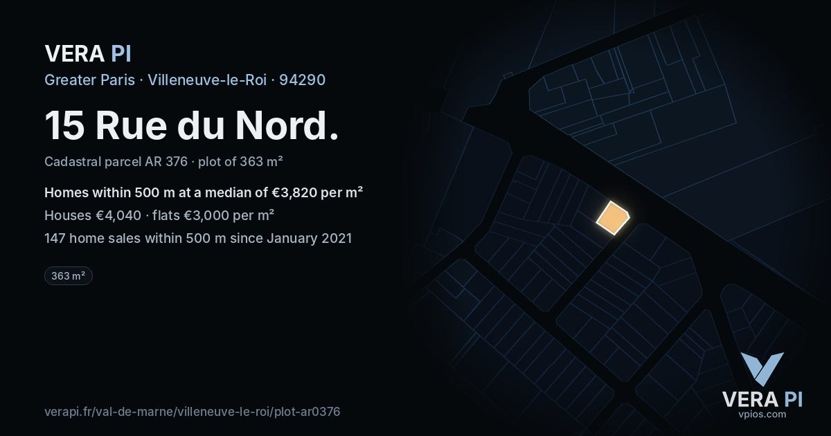 15 Rue du Nord, Villeneuve-le-Roi at night – the plot lit, the parcels around coloured by the prices near them