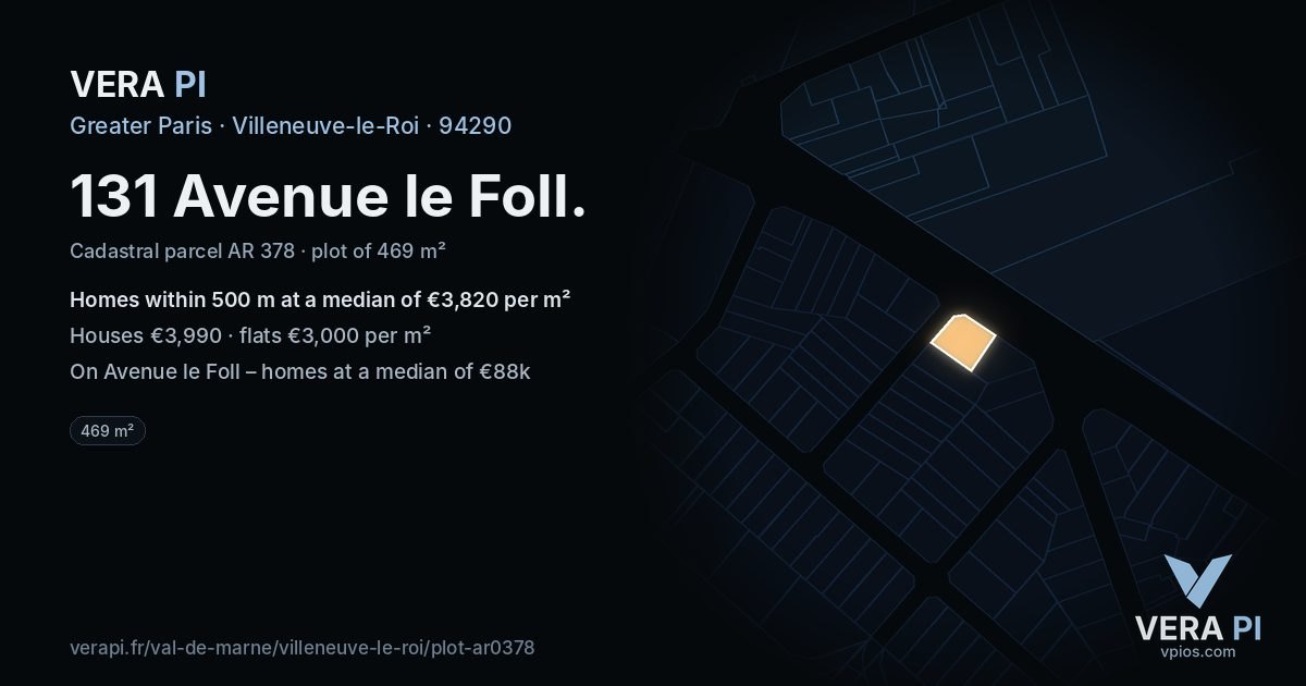 131 Avenue le Foll, Villeneuve-le-Roi at night – the plot lit, the parcels around coloured by the prices near them