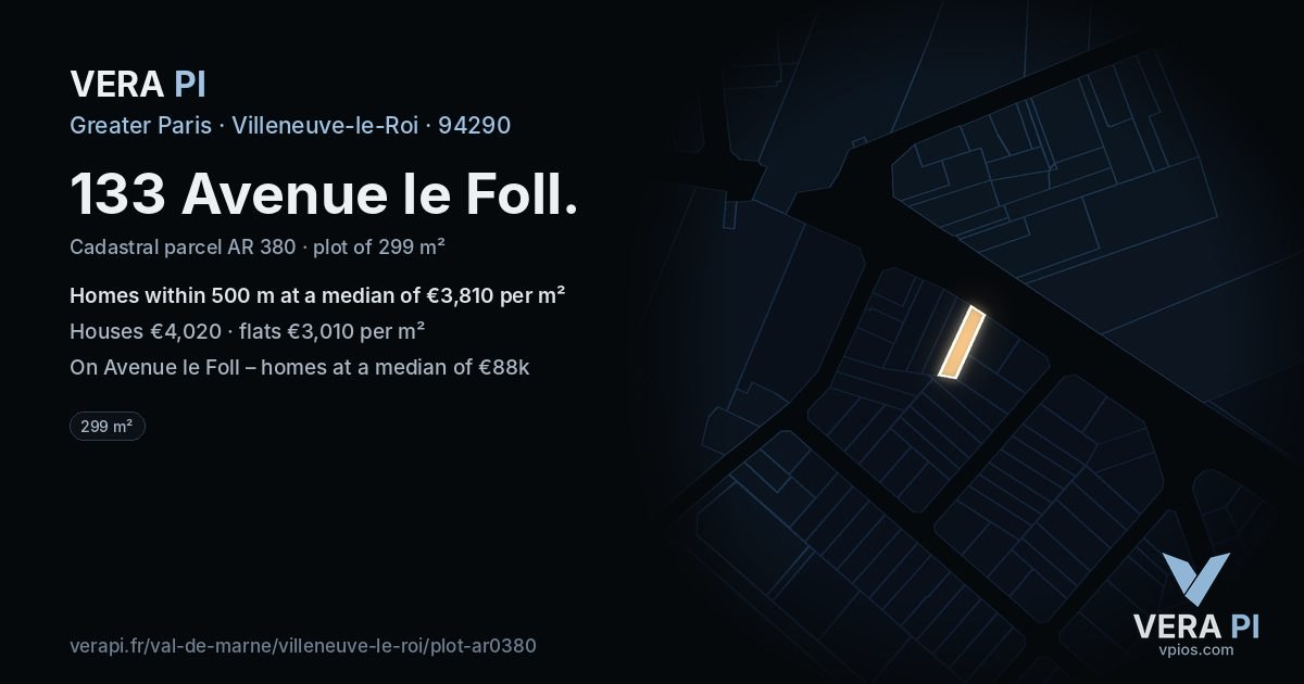 133 Avenue le Foll, Villeneuve-le-Roi at night – the plot lit, the parcels around coloured by the prices near them