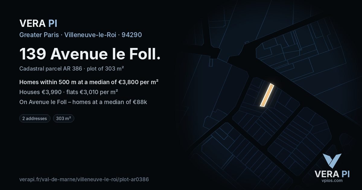 139 Avenue le Foll, Villeneuve-le-Roi at night – the plot lit, the parcels around coloured by the prices near them