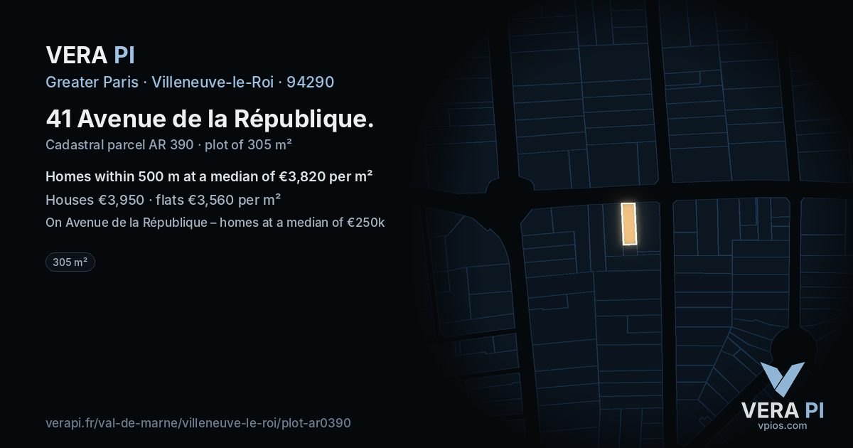 41 Avenue de la République, Villeneuve-le-Roi at night – the plot lit, the parcels around coloured by the prices near them