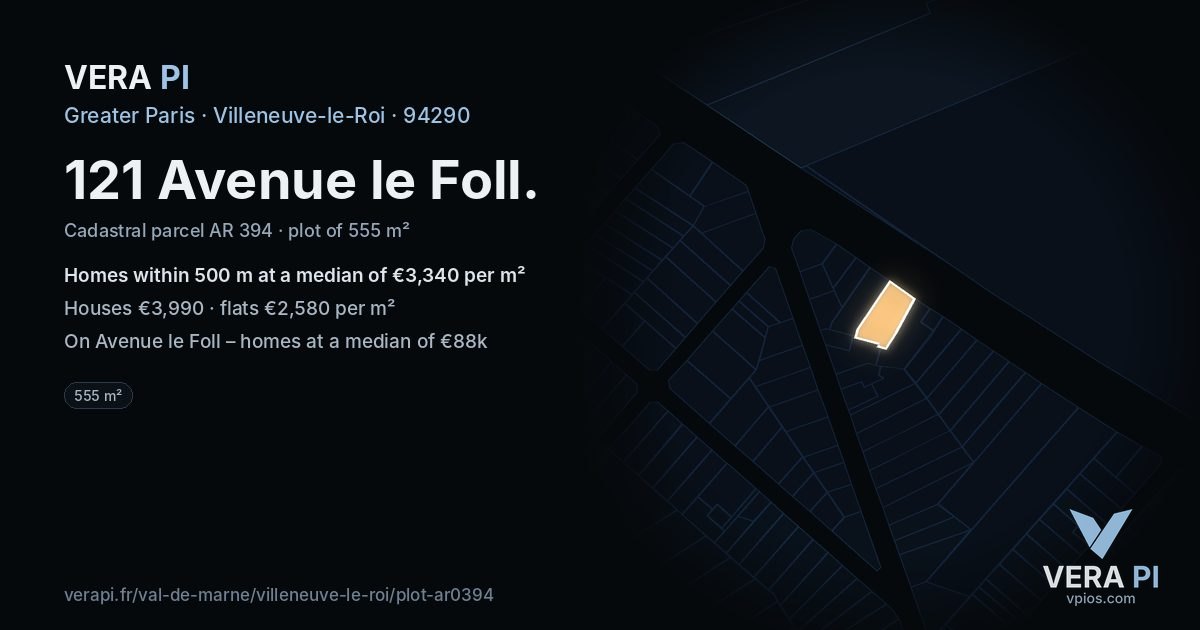 121 Avenue le Foll, Villeneuve-le-Roi at night – the plot lit, the parcels around coloured by the prices near them