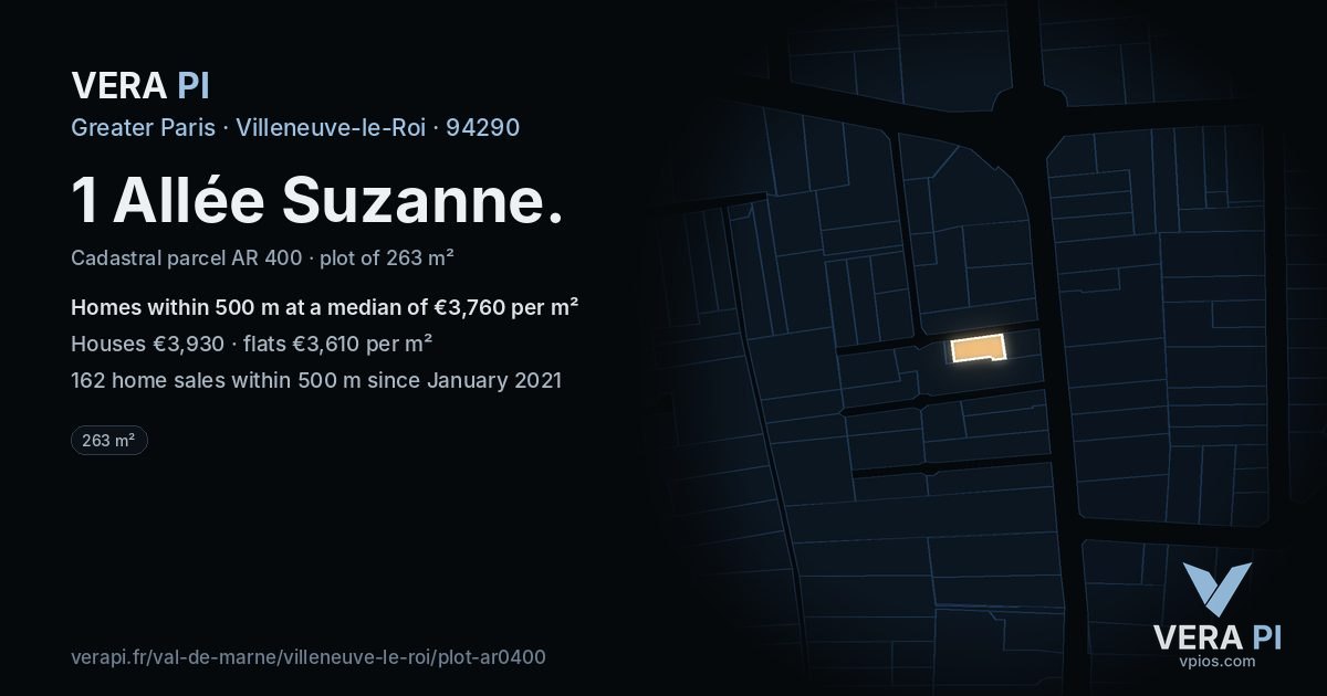 1 Allée Suzanne, Villeneuve-le-Roi at night – the plot lit, the parcels around coloured by the prices near them