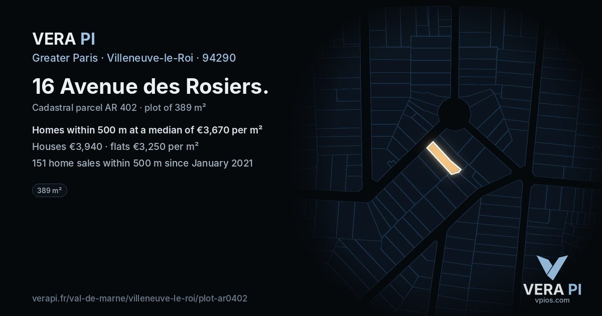 16 Avenue des Rosiers, Villeneuve-le-Roi at night – the plot lit, the parcels around coloured by the prices near them