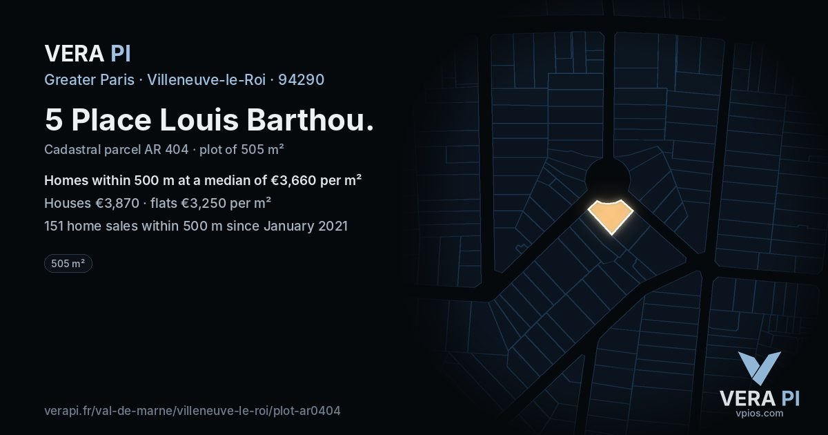 5 Place Louis Barthou, Villeneuve-le-Roi at night – the plot lit, the parcels around coloured by the prices near them
