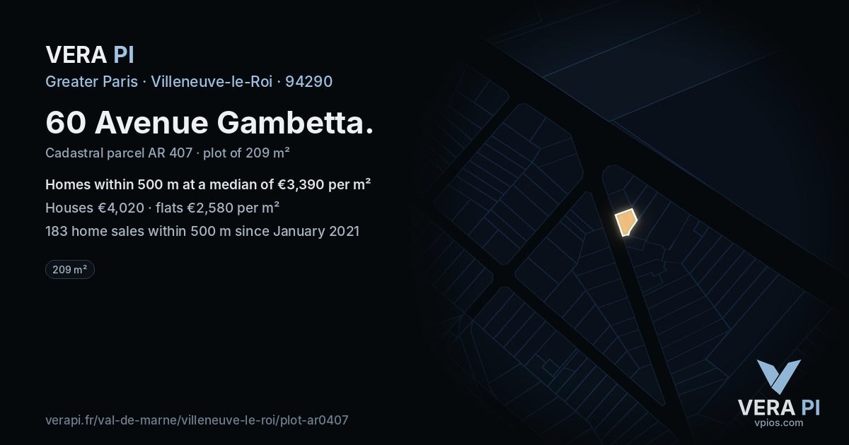 60 Avenue Gambetta, Villeneuve-le-Roi at night – the plot lit, the parcels around coloured by the prices near them