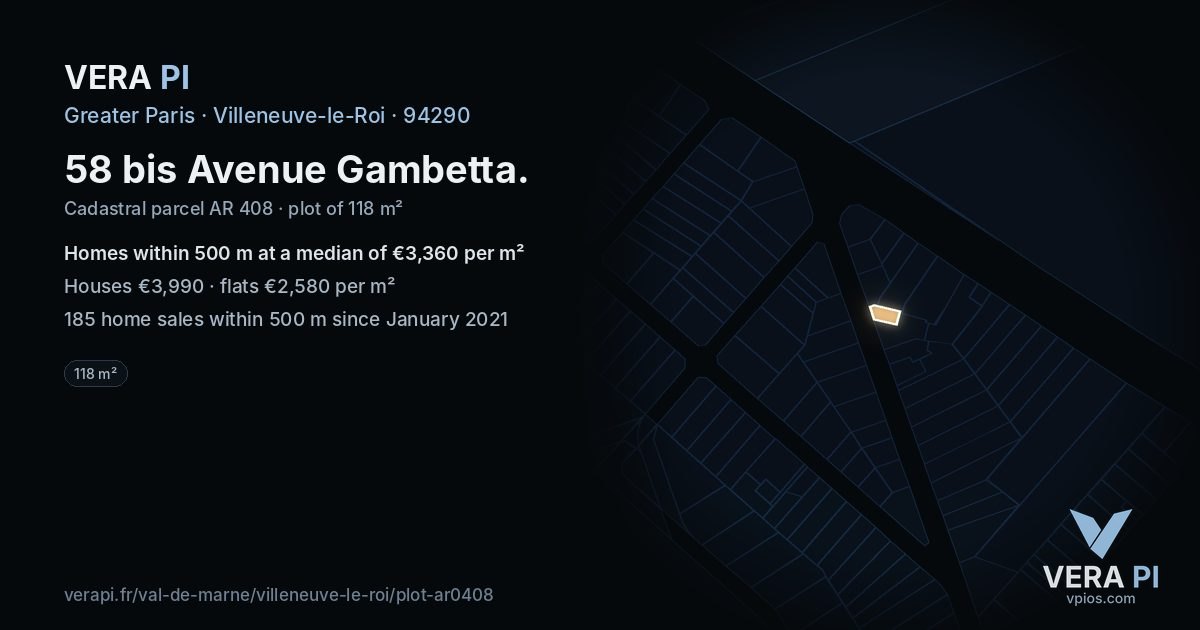 58 bis Avenue Gambetta, Villeneuve-le-Roi at night – the plot lit, the parcels around coloured by the prices near them