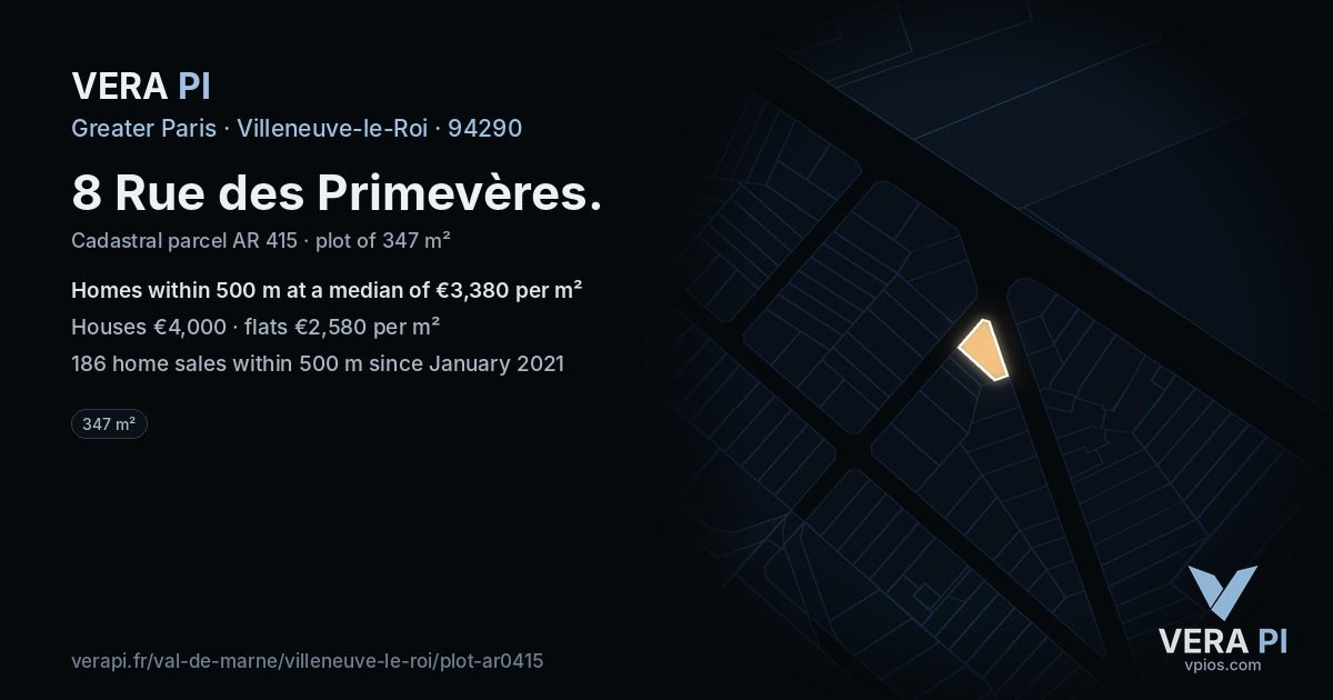 8 Rue des Primevères, Villeneuve-le-Roi at night – the plot lit, the parcels around coloured by the prices near them