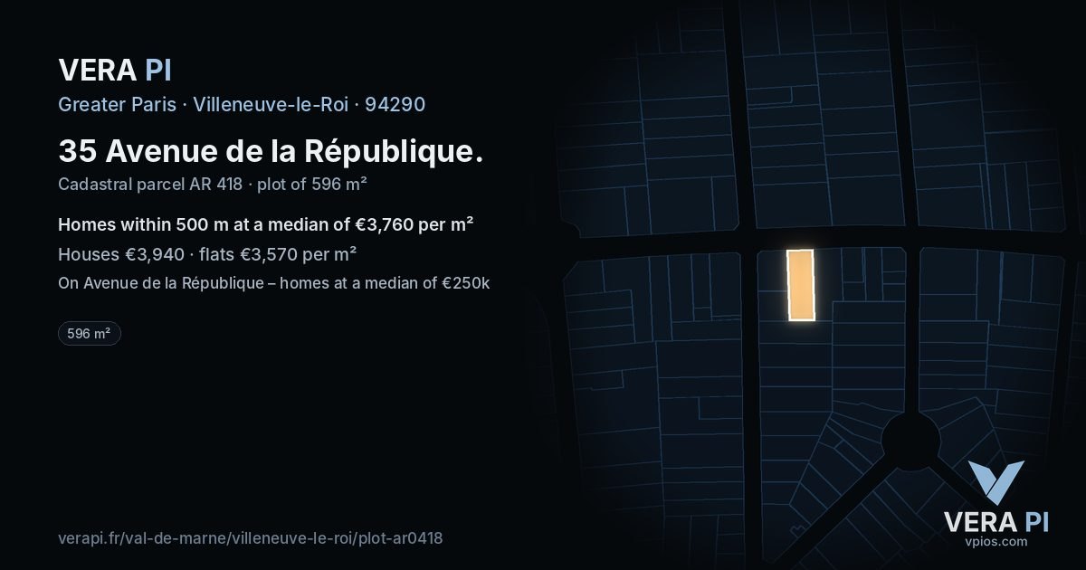 35 Avenue de la République, Villeneuve-le-Roi at night – the plot lit, the parcels around coloured by the prices near them