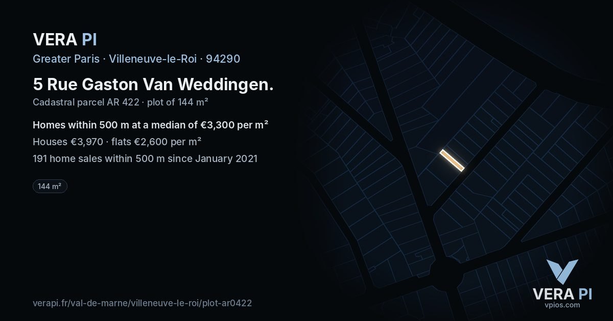 5 Rue Gaston Van Weddingen, Villeneuve-le-Roi at night – the plot lit, the parcels around coloured by the prices near them
