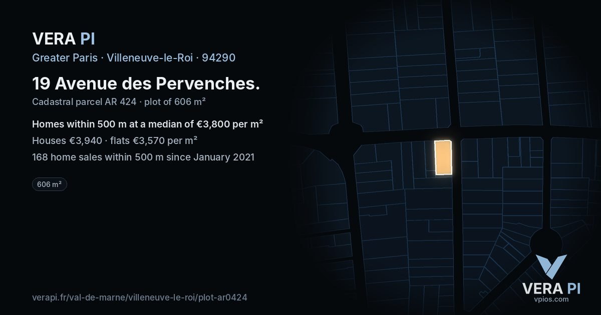 19 Avenue des Pervenches, Villeneuve-le-Roi at night – the plot lit, the parcels around coloured by the prices near them
