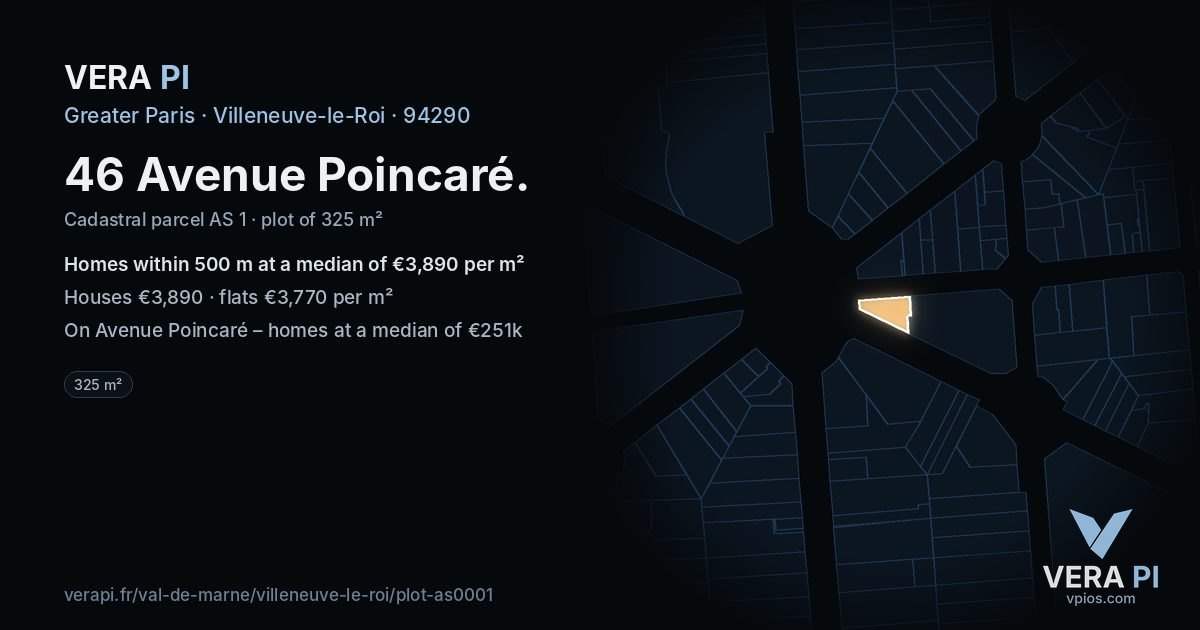 46 Avenue Poincaré, Villeneuve-le-Roi at night – the plot lit, the parcels around coloured by the prices near them