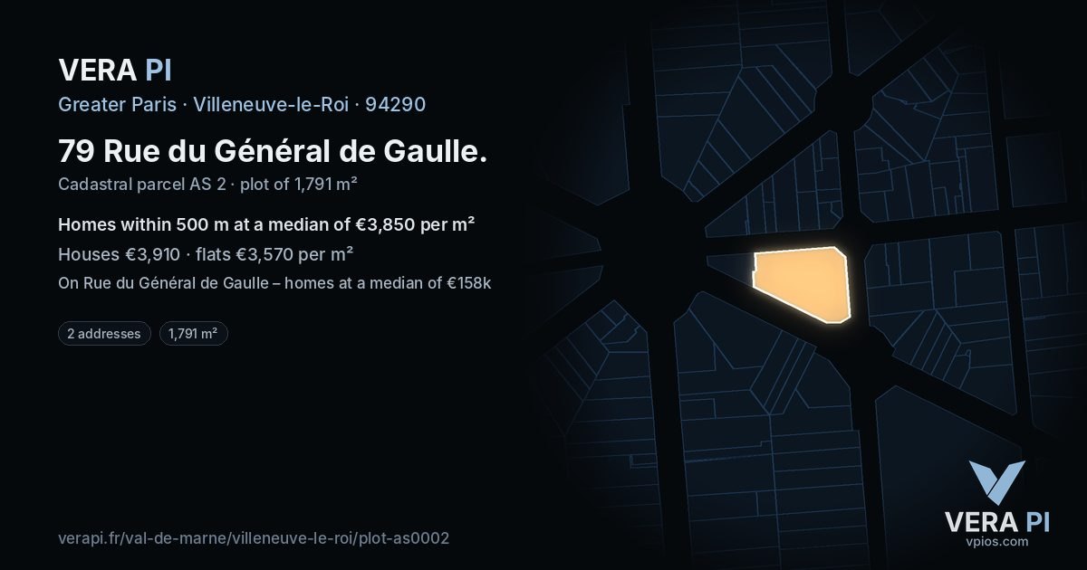 79 Rue du Général de Gaulle, Villeneuve-le-Roi at night – the plot lit, the parcels around coloured by the prices near them