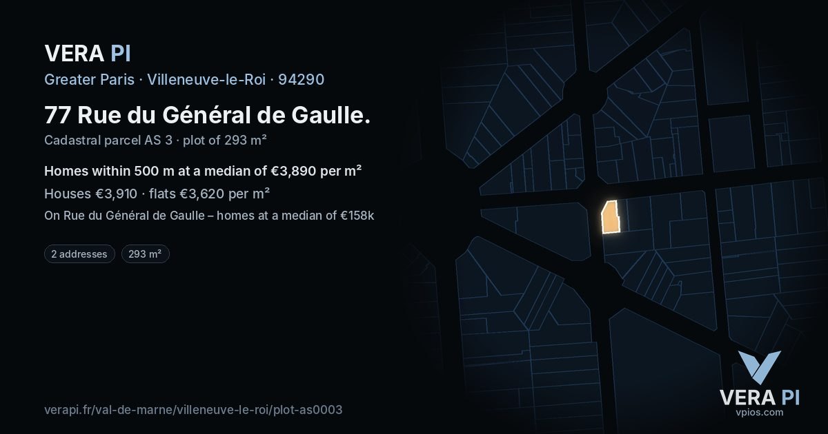 77 Rue du Général de Gaulle, Villeneuve-le-Roi at night – the plot lit, the parcels around coloured by the prices near them