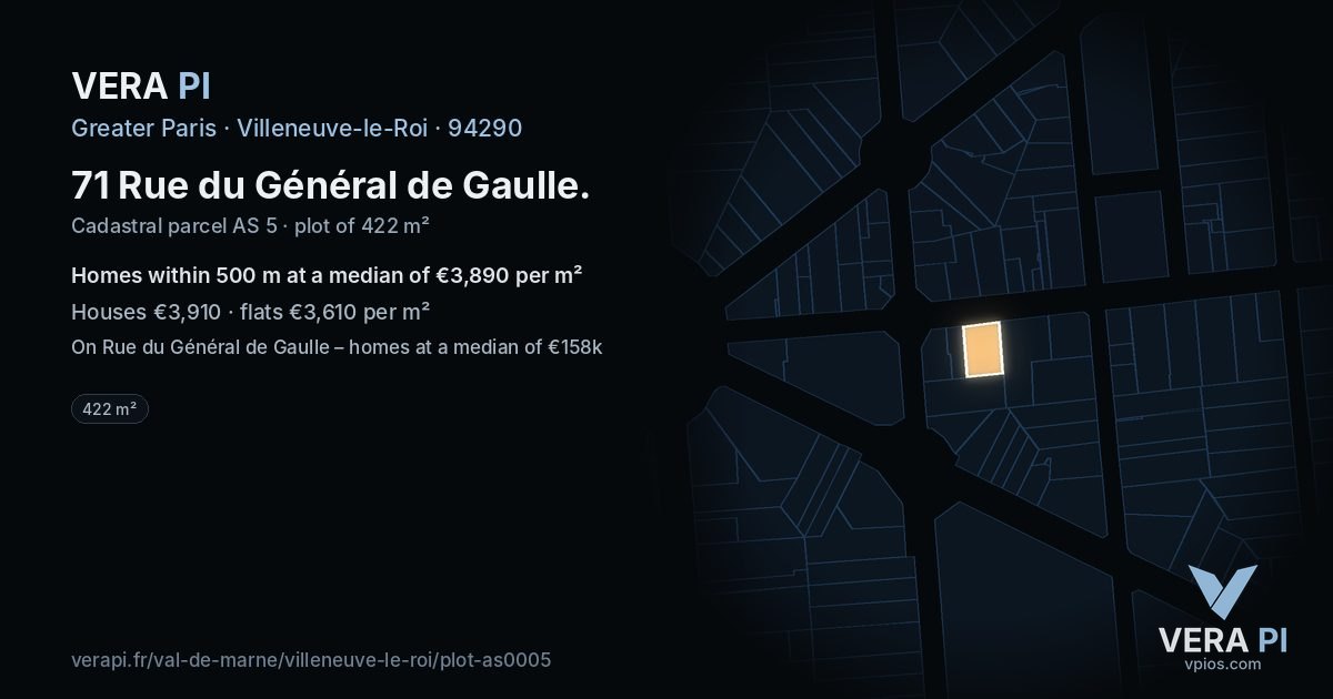 71 Rue du Général de Gaulle, Villeneuve-le-Roi at night – the plot lit, the parcels around coloured by the prices near them