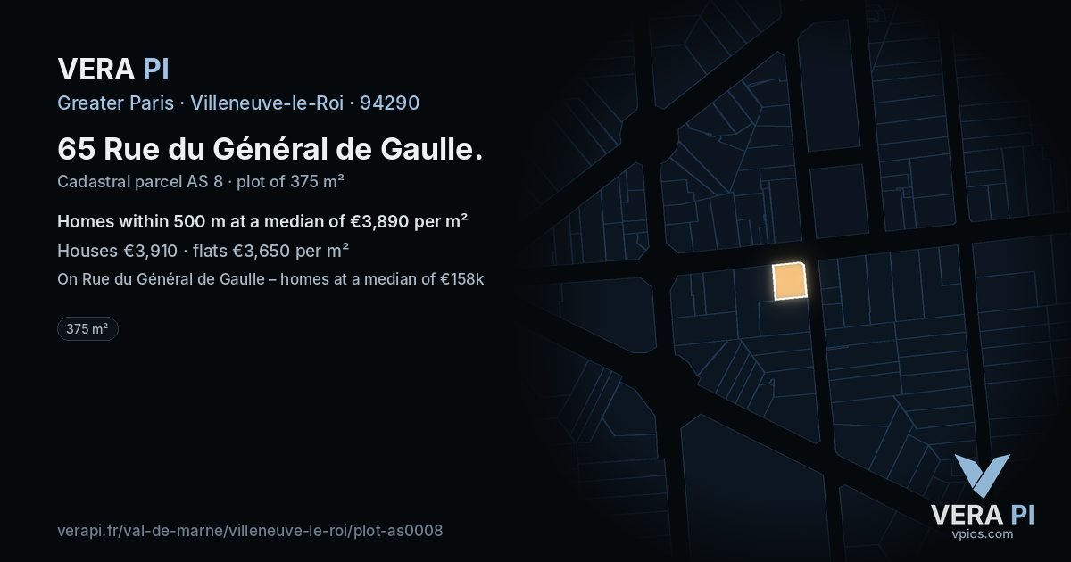 65 Rue du Général de Gaulle, Villeneuve-le-Roi at night – the plot lit, the parcels around coloured by the prices near them