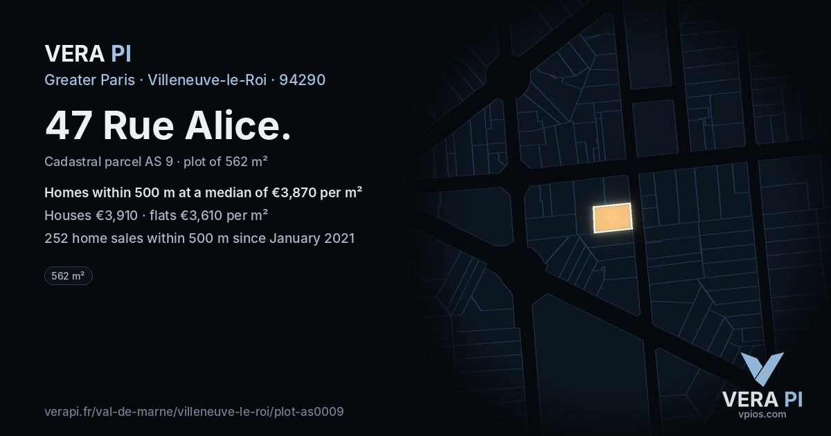 47 Rue Alice, Villeneuve-le-Roi at night – the plot lit, the parcels around coloured by the prices near them