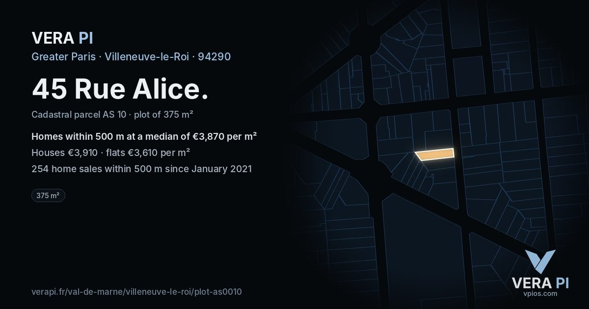 45 Rue Alice, Villeneuve-le-Roi at night – the plot lit, the parcels around coloured by the prices near them