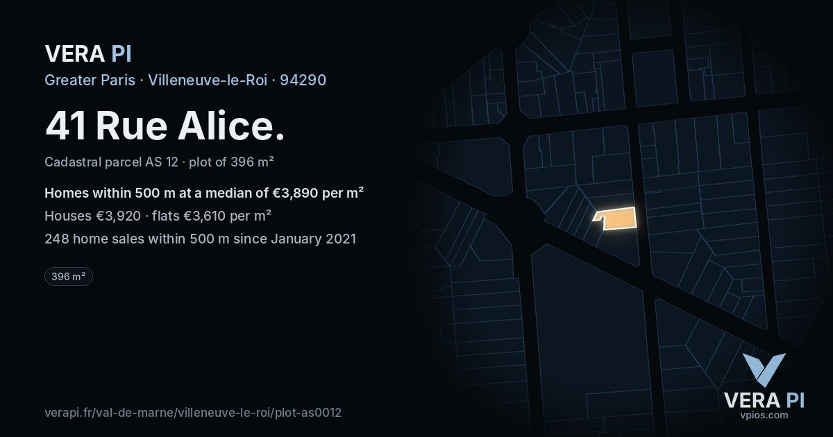 41 Rue Alice, Villeneuve-le-Roi at night – the plot lit, the parcels around coloured by the prices near them