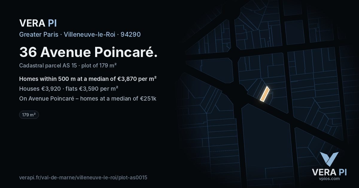 36 Avenue Poincaré, Villeneuve-le-Roi at night – the plot lit, the parcels around coloured by the prices near them