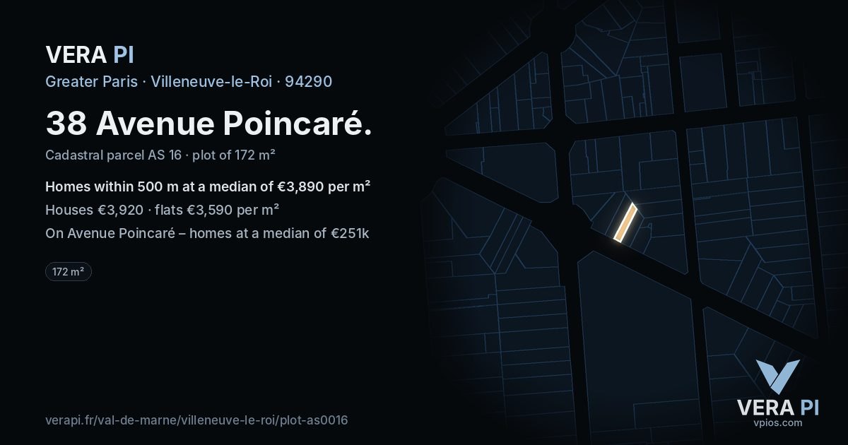 38 Avenue Poincaré, Villeneuve-le-Roi at night – the plot lit, the parcels around coloured by the prices near them