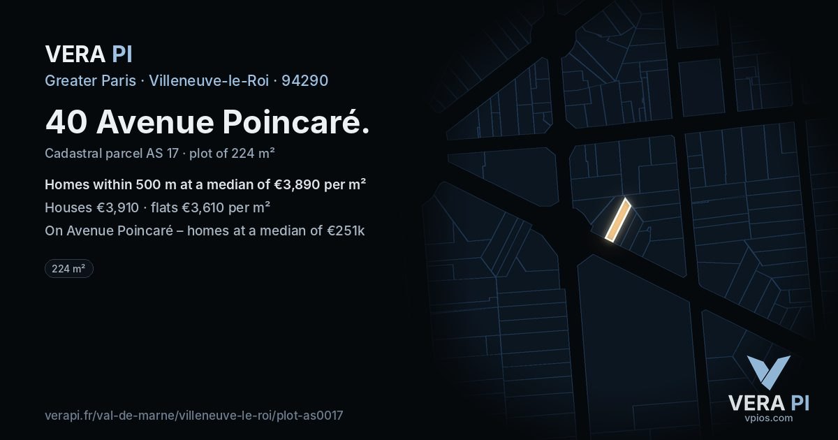 40 Avenue Poincaré, Villeneuve-le-Roi at night – the plot lit, the parcels around coloured by the prices near them